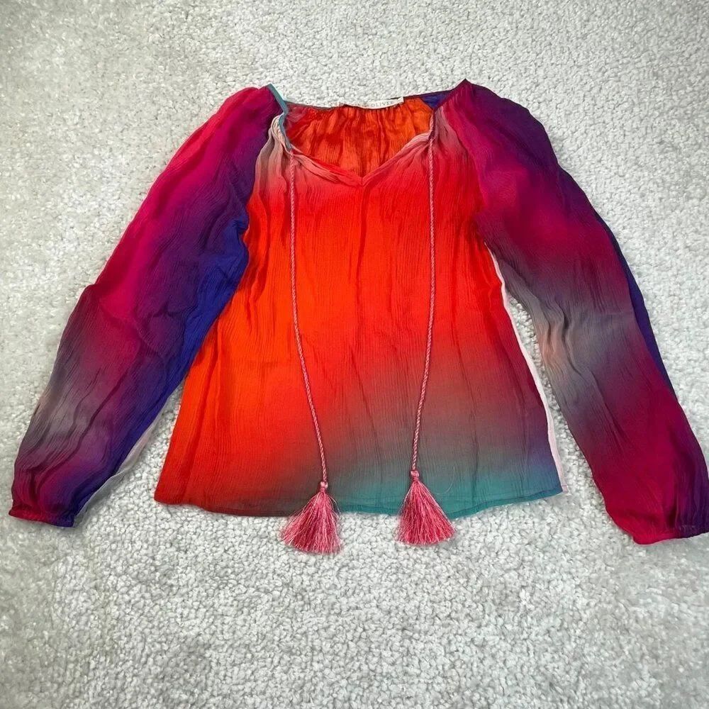Marie Oliver Silk Red Purple Ombre Blouse Tassle Tie Womens XS